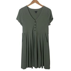Torrid Womens 1X Olive Green Ribbed Knit Button Down Mini Skater Dress Pockets